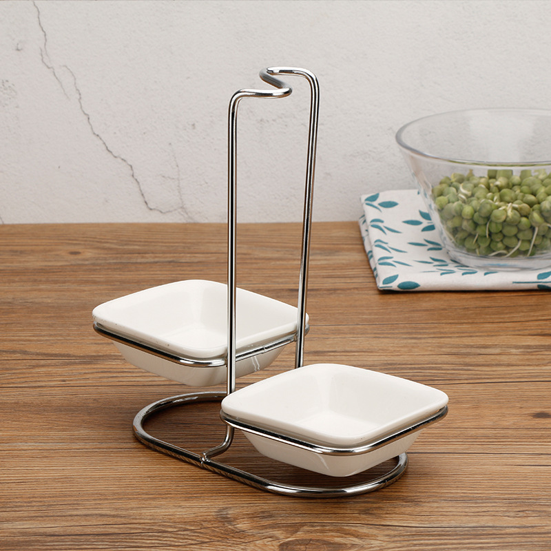 Kitchen Counter 2 Ceramic Dish Stainless Steel Upright Ladle Holder Dish Soup Ladle Rack Standing Upright Spoon Rest