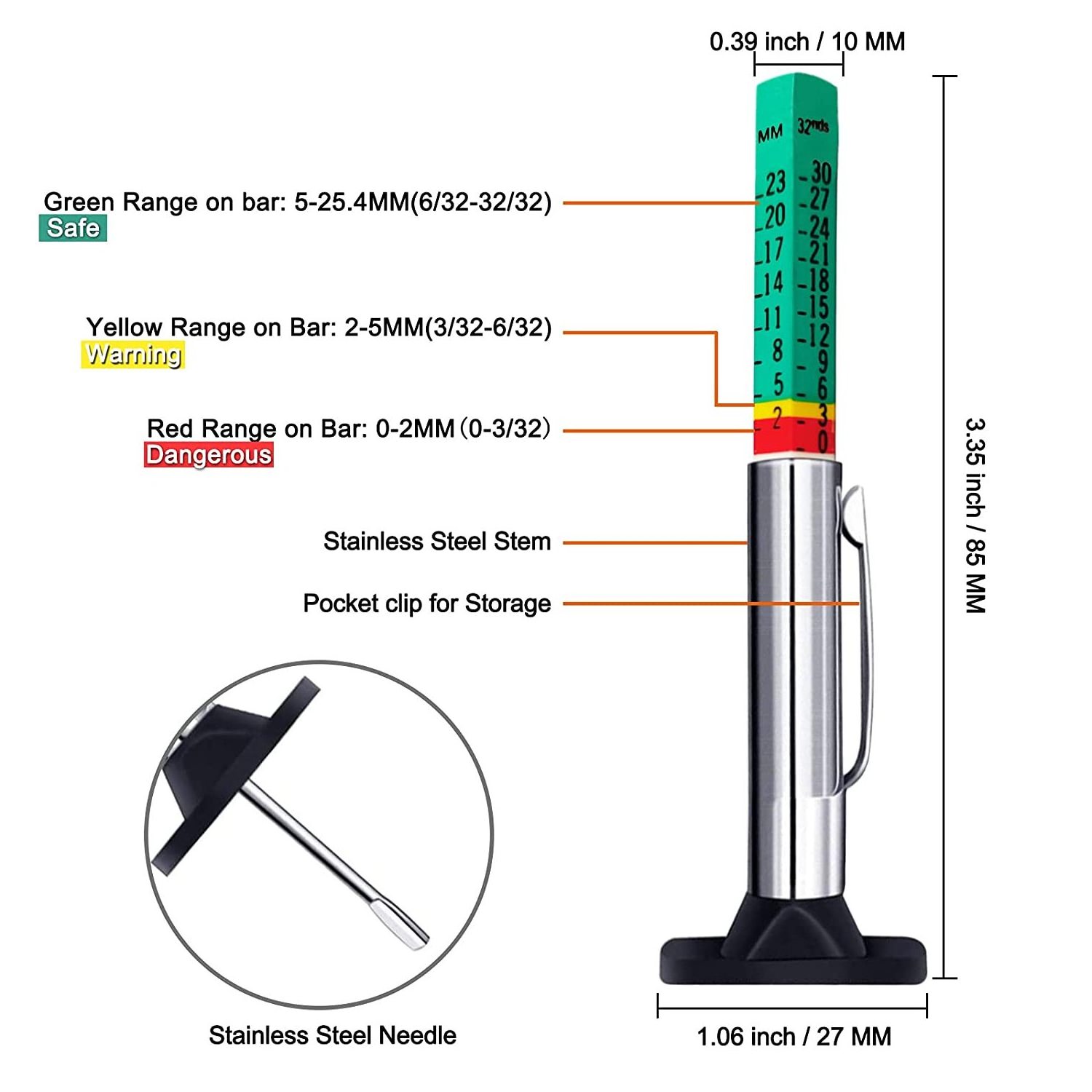 Tire Tread Depth Gauge,Two-Sided Smart Color Coded Tire Tread Depth Measurement Tool