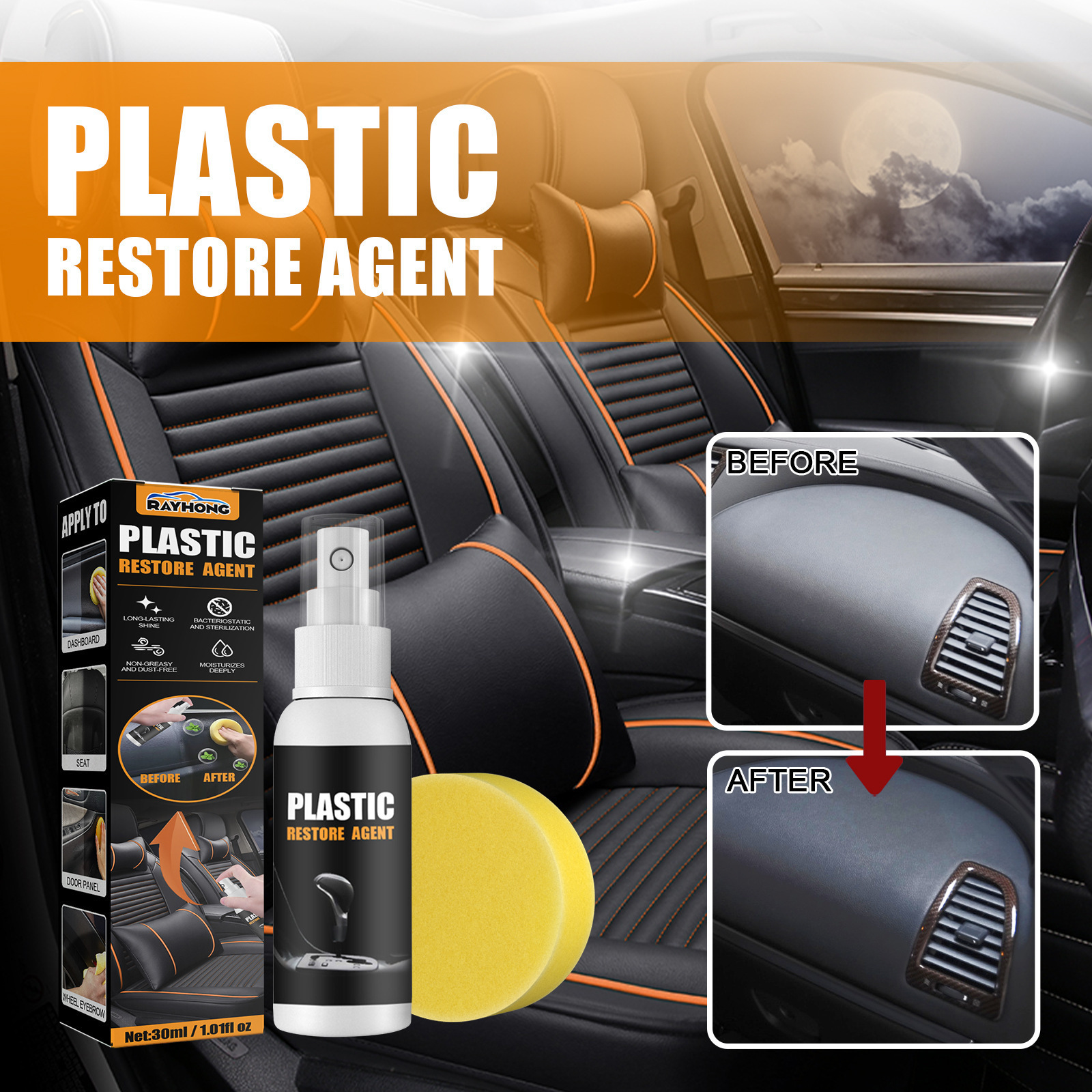 30ml Car Plastic Refurbishment Agent Car Interior Maintenance Refresh Cleaning Dashboard Polishing Spray Plastic Restore Agent