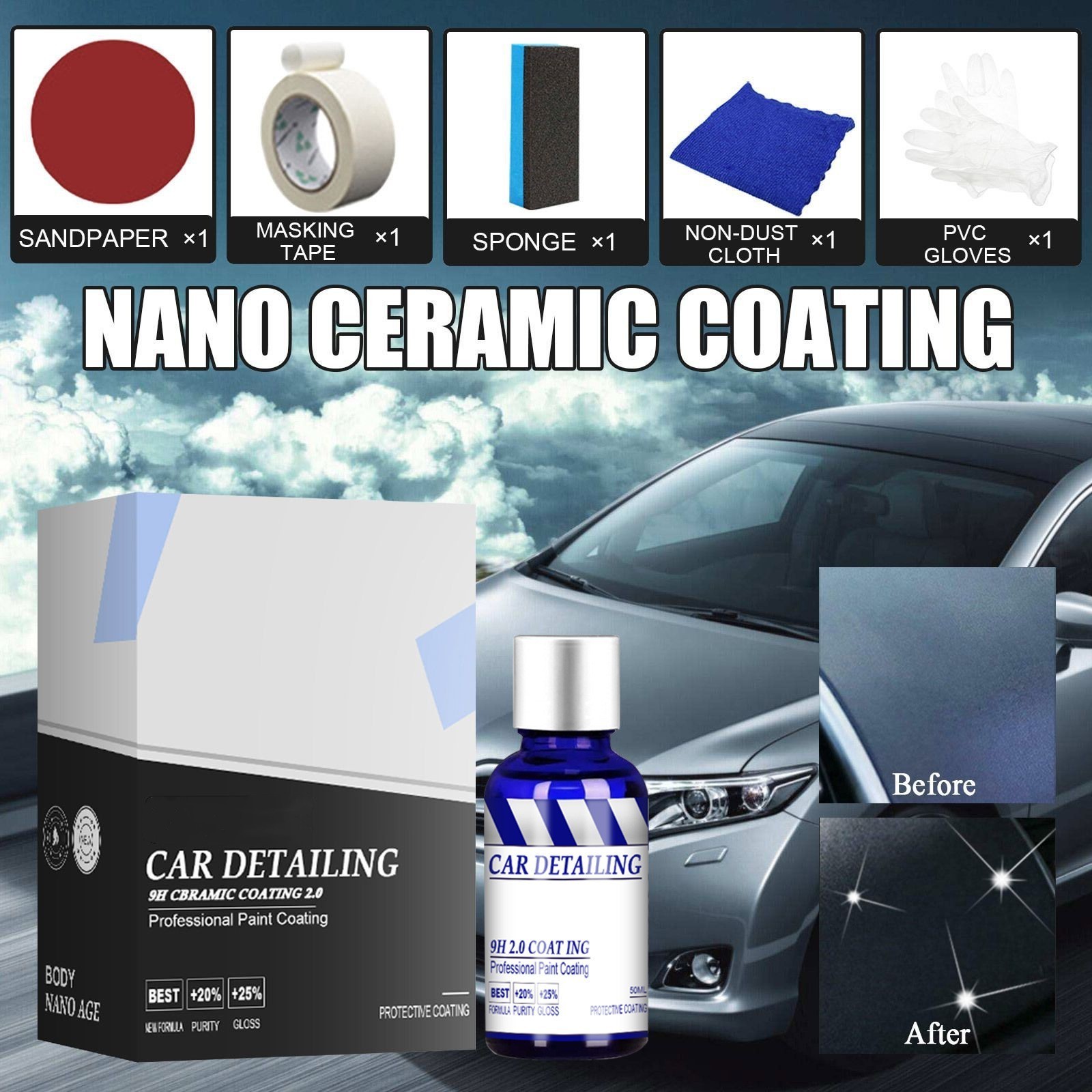 50ML High shine effect 9H Nano Ceramic Coating Pro, Hydrophobic Gloss Polymer Paint /Protection Car Kit/Paint repair agent