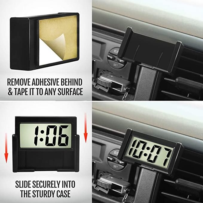 Vehicle Adhesive Clock with Jumbo LCD Time & Day Display - Mini Automotive Stick On Watch /Car Dashboard Digital Clock