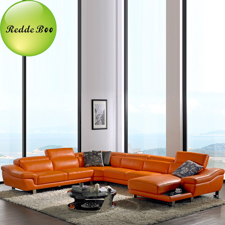 Hot Sale European Luxury Orange Living Room Corner Sofa Modern Style Leather Sofa with Chaise 2293