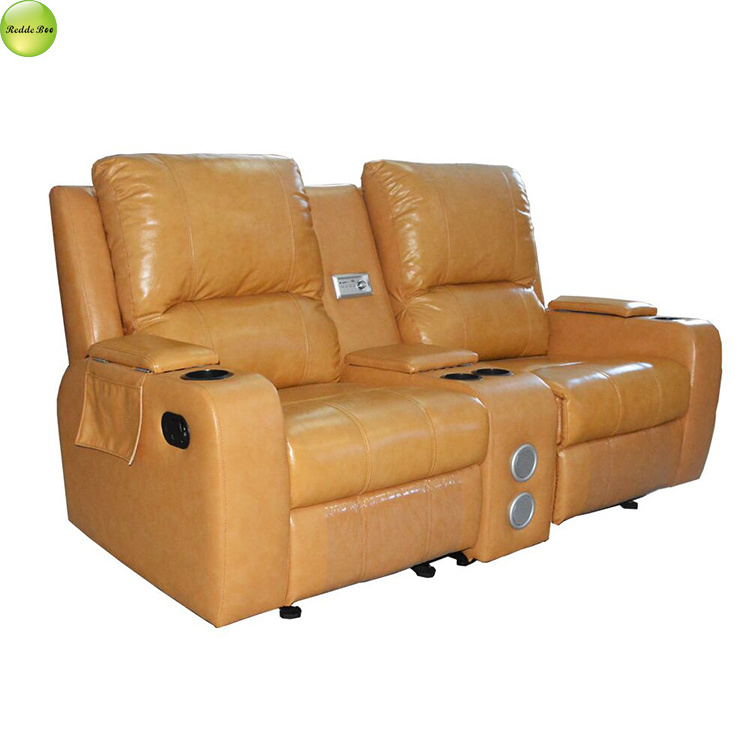 Global home theatre leather recliner sofa two seat reclining sofa chair with steel frame and middle tea table