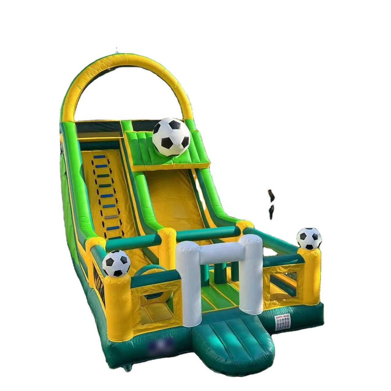 sports game bouncy castle commercial with obstacles and slide  inflatable soccer