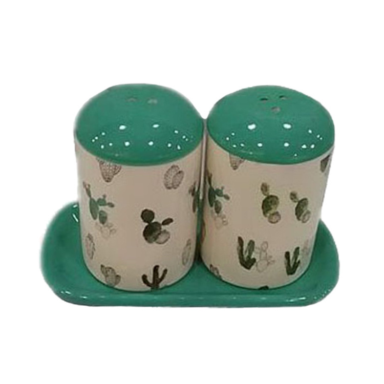 popular design round ceramic salt and pepper shaker set with tray