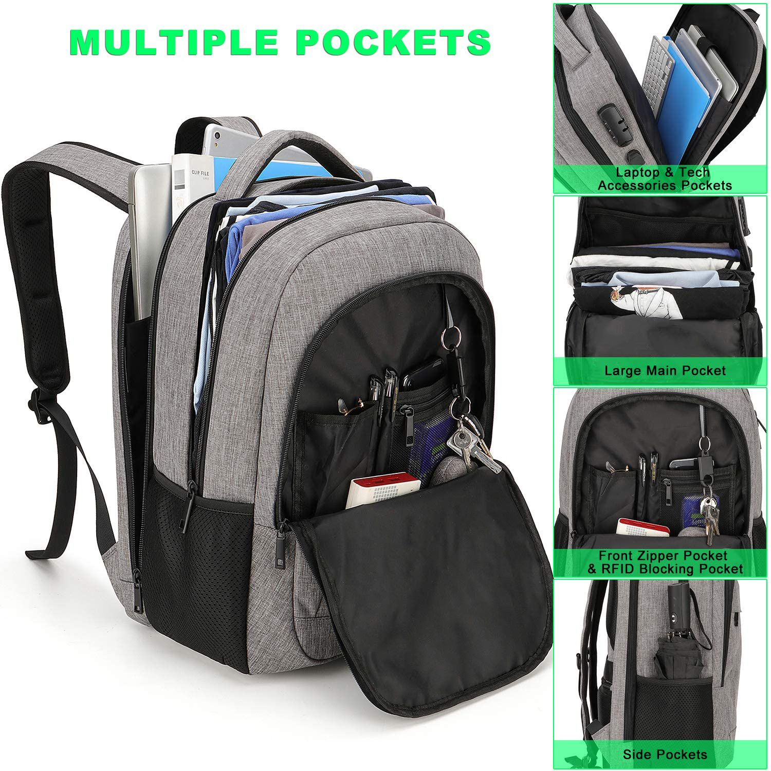 14/15.6 Inch Water Resistant Business Travel Anti-Theft Laptop Backpacks with USB Charging Port Lock Computer Backpacks