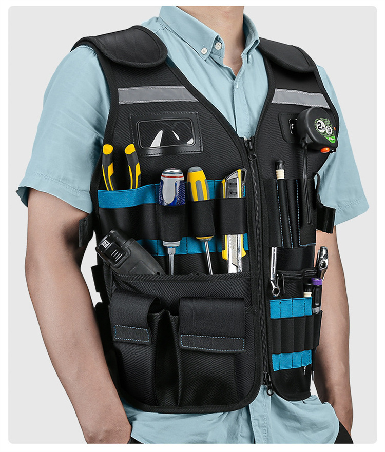 Durable Reflective Multi-pocket Work Clothes Electricians Hardware Tools Bag Safety Protection Tool Vest