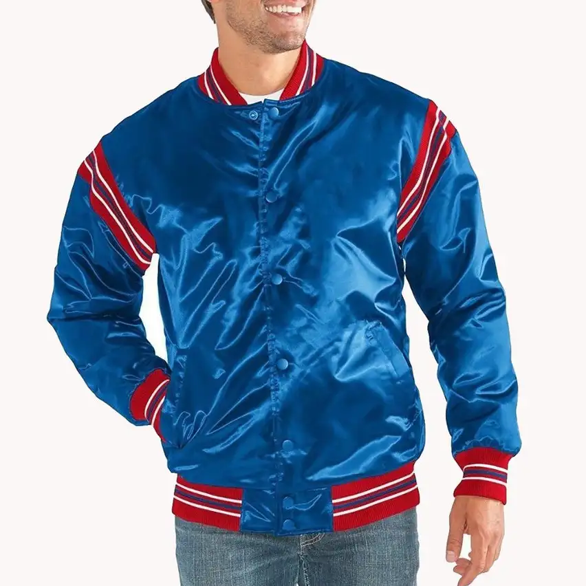 Custom Premium Dark Blue Button Up New Design OEM Windproof Outdoor Winter High Quality Satin Silk jackets For Men Wom