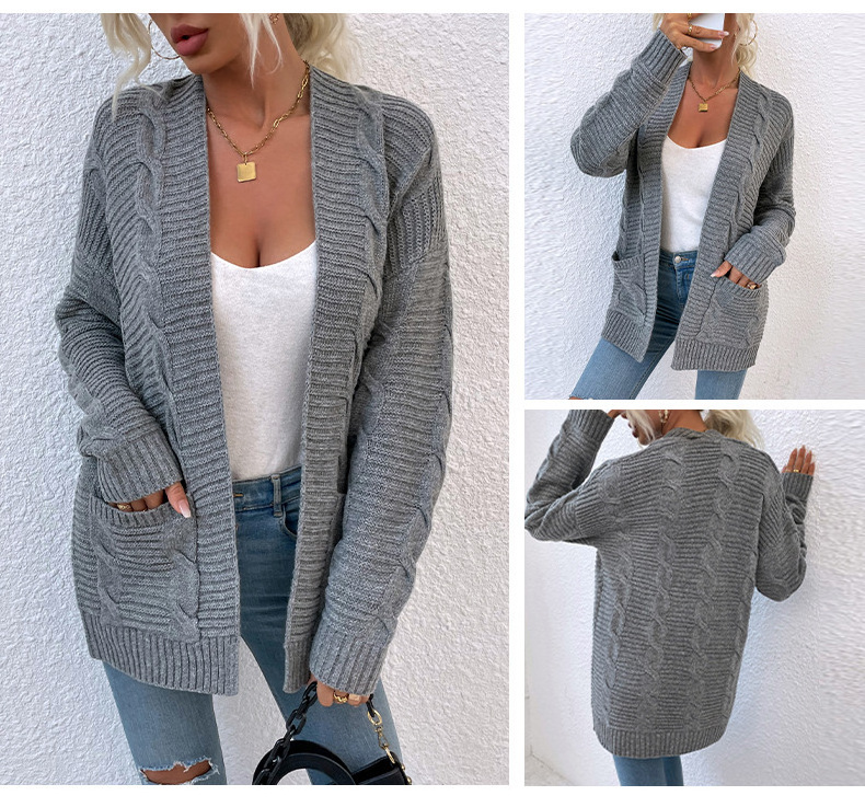 New Womens Sweater Coat Autumn Winter Twisted Knitting Cardigans With Pockets Mid Length Jackets for Women