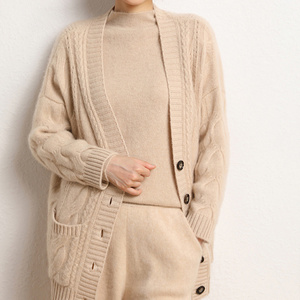 OEM & ODM Autumn and winter new style casual loose women's cashmere knit solid color twisted  sweater cardigan jacket coat