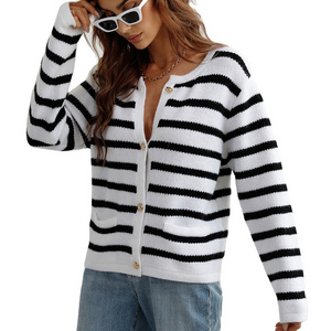 Wholesale drop shoulder zebra striped cardigan with buttons knitted sweater plus size sweaters cos woman women's sweater