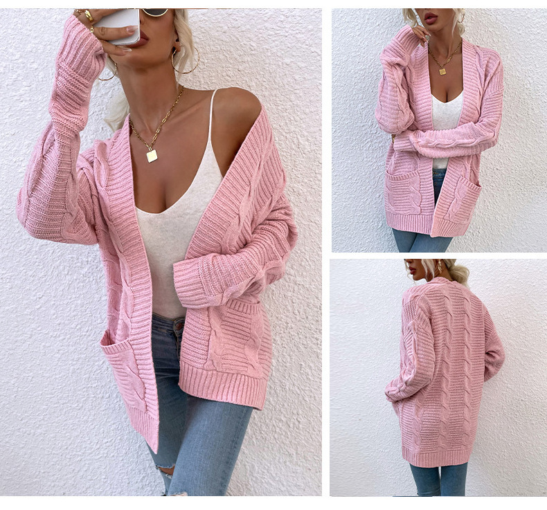 New Womens Sweater Coat Autumn Winter Twisted Knitting Cardigans With Pockets Mid Length Jackets for Women