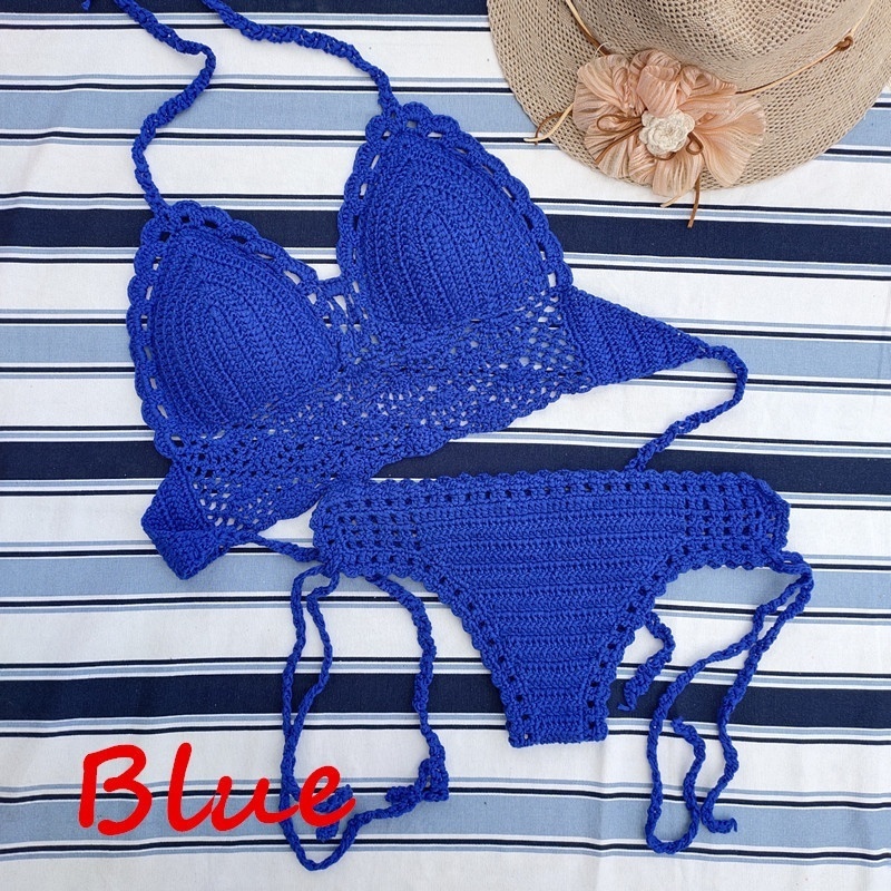 Handmade Crochet Lace Knit Bra Boho Beach Bikini With Fringe Multi Color Optional Tank Push Up Top With Pad and Bottom Sets