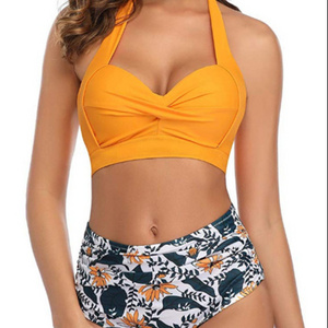 2022 New Brand  women's vintage two pieces bikini with a pleated vintage strap and high waist 2 pieces for sexy lady