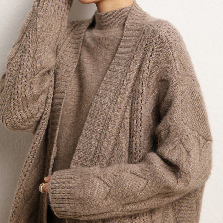 OEM & ODM Autumn and winter new style casual loose women's cashmere knit solid color twisted  sweater cardigan jacket coat