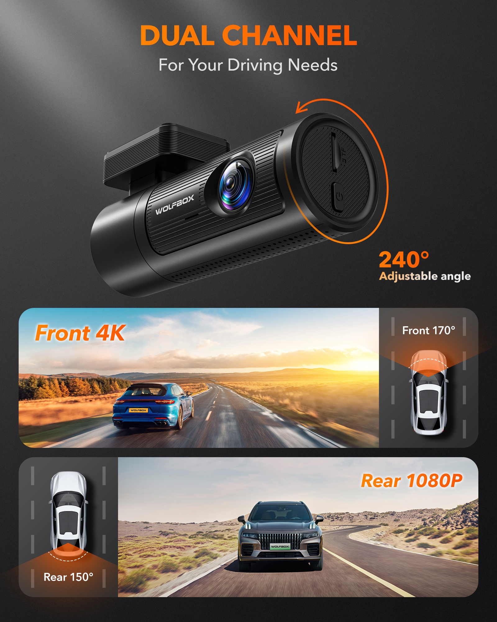 Wolfbox I05 App Control 4k Wifi Tracking System Video Recorder Dual Lens Black Car Camera Dash Cam With GPS