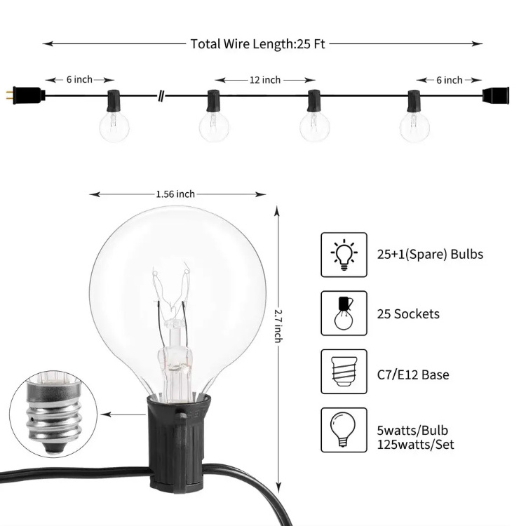 25 FT G40 Outdoor Patio String Lights with 25 Clear Globe Bulbs Outdoor String Lights Market Bistro Cafe Hanging String Lights