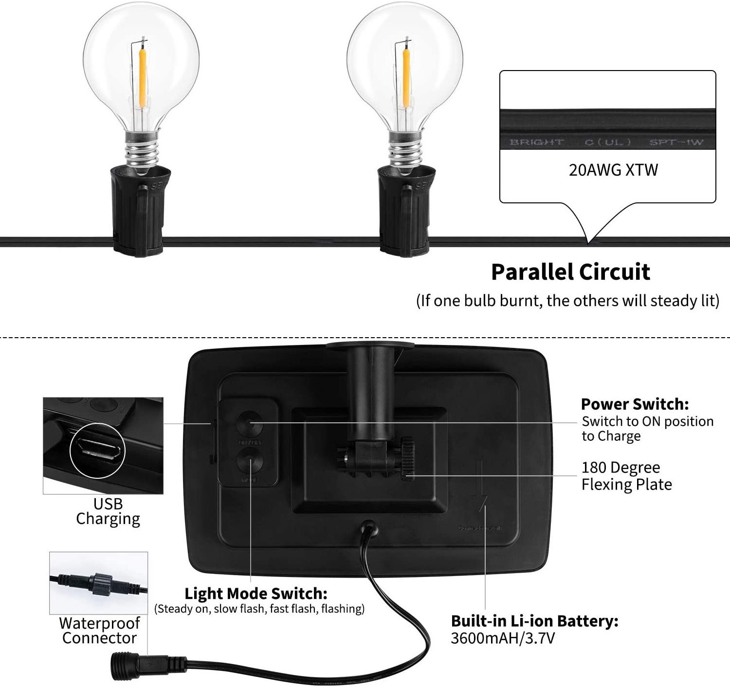 Globe Patio Lighting G40 Bulbs Solar String Light 10LED Bulbs Hanging Indoor Outdoor String Lights for Bistro/Cafe