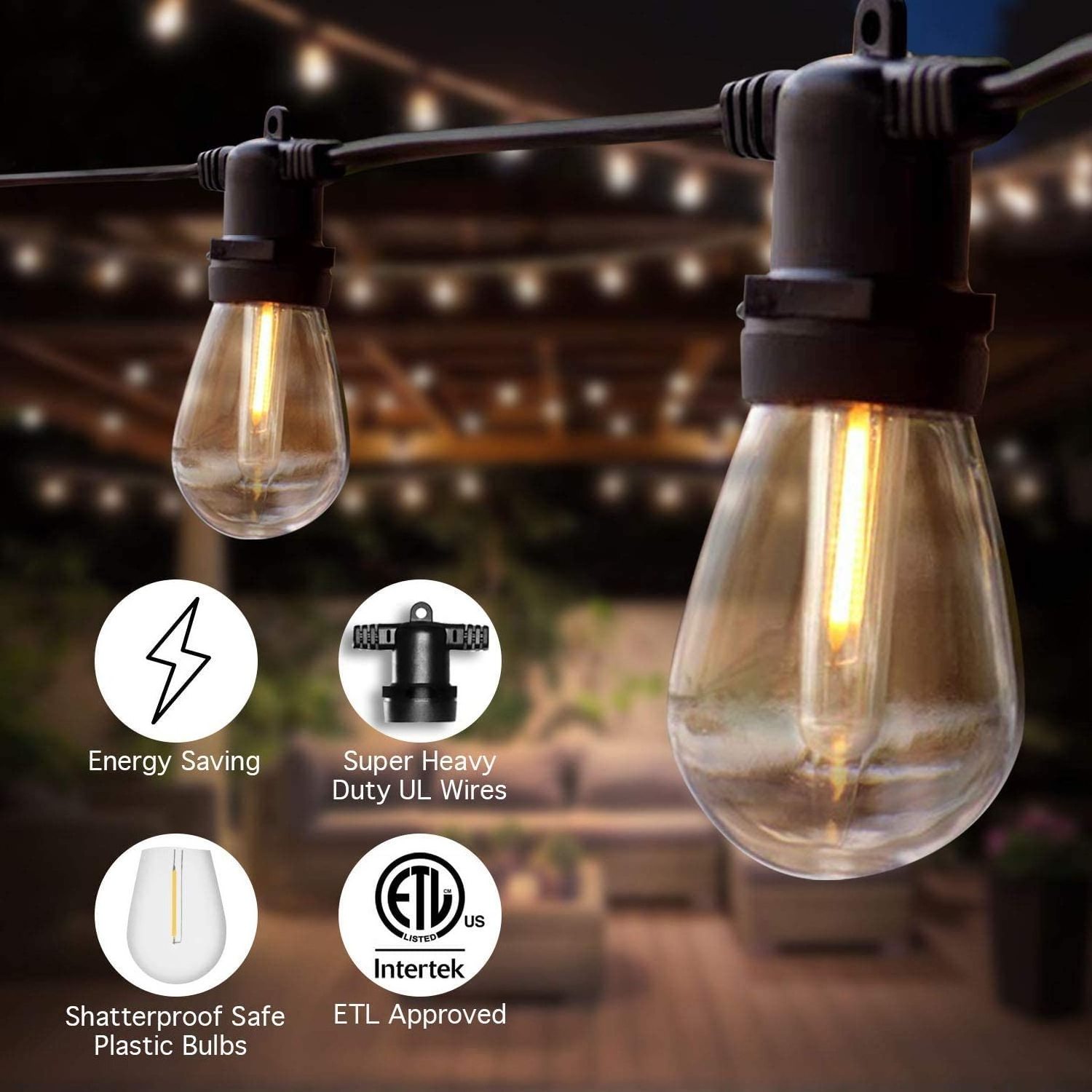 LED Outdoor String Lights Commercial Grade Edison Vintage 48Ft S14 LED 15 Hanging Sockets Heavy-Duty Waterproof for Gazebo