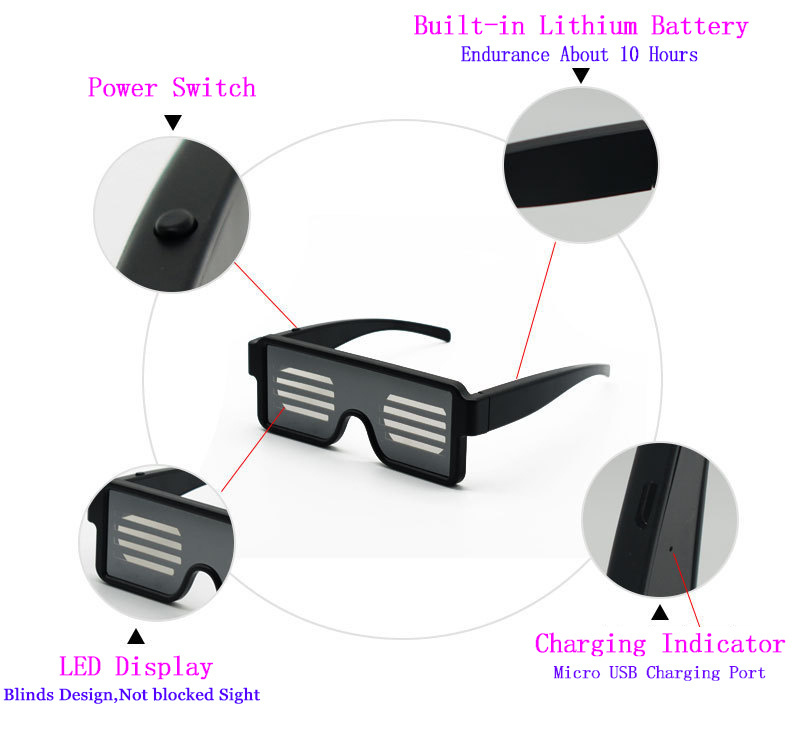 LED Glasses Grow Party Favor Super Cool Light Up Glasses with Display Pattern 8 Pattern Optional USB Charging Glasses