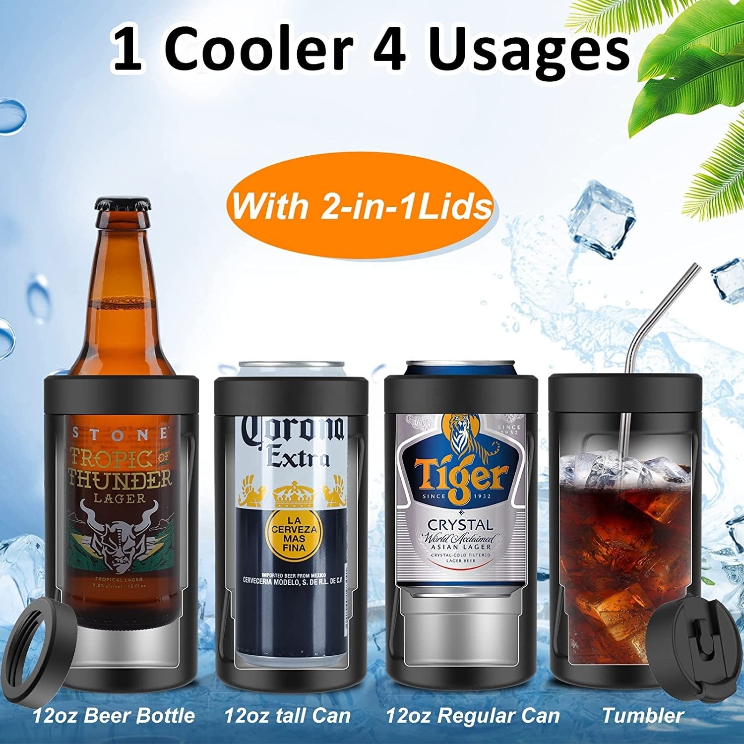 Reekoos 4 in 1 double walled stainless steel slim can vacuum insulated cooler holder 12 Oz beer cold insulator