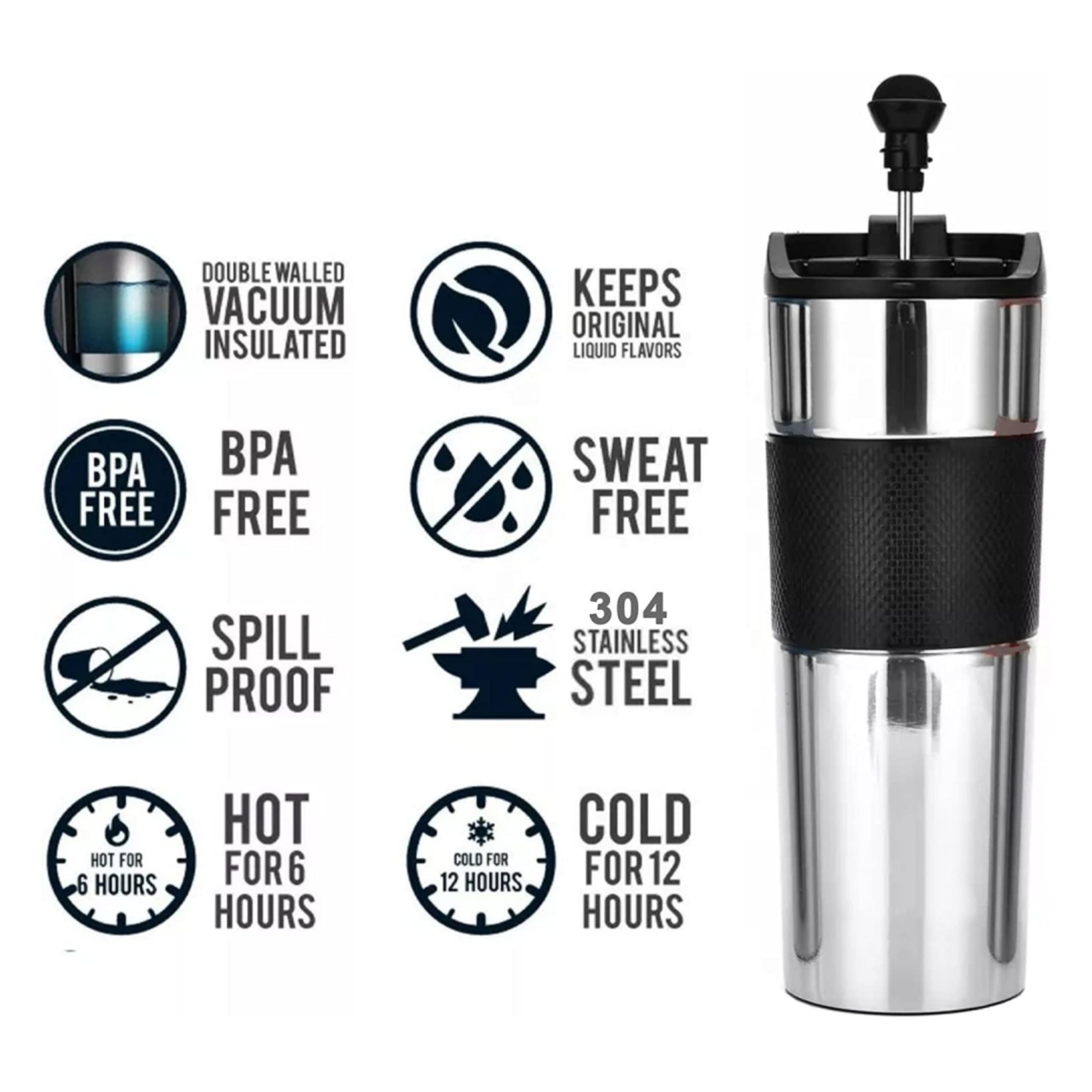 Custom 16oz French Press Travel Mug Vacuum Insulated Thermo Double Wall Coffee and Tea Maker Large Deluxe Stainless Steel Mugs