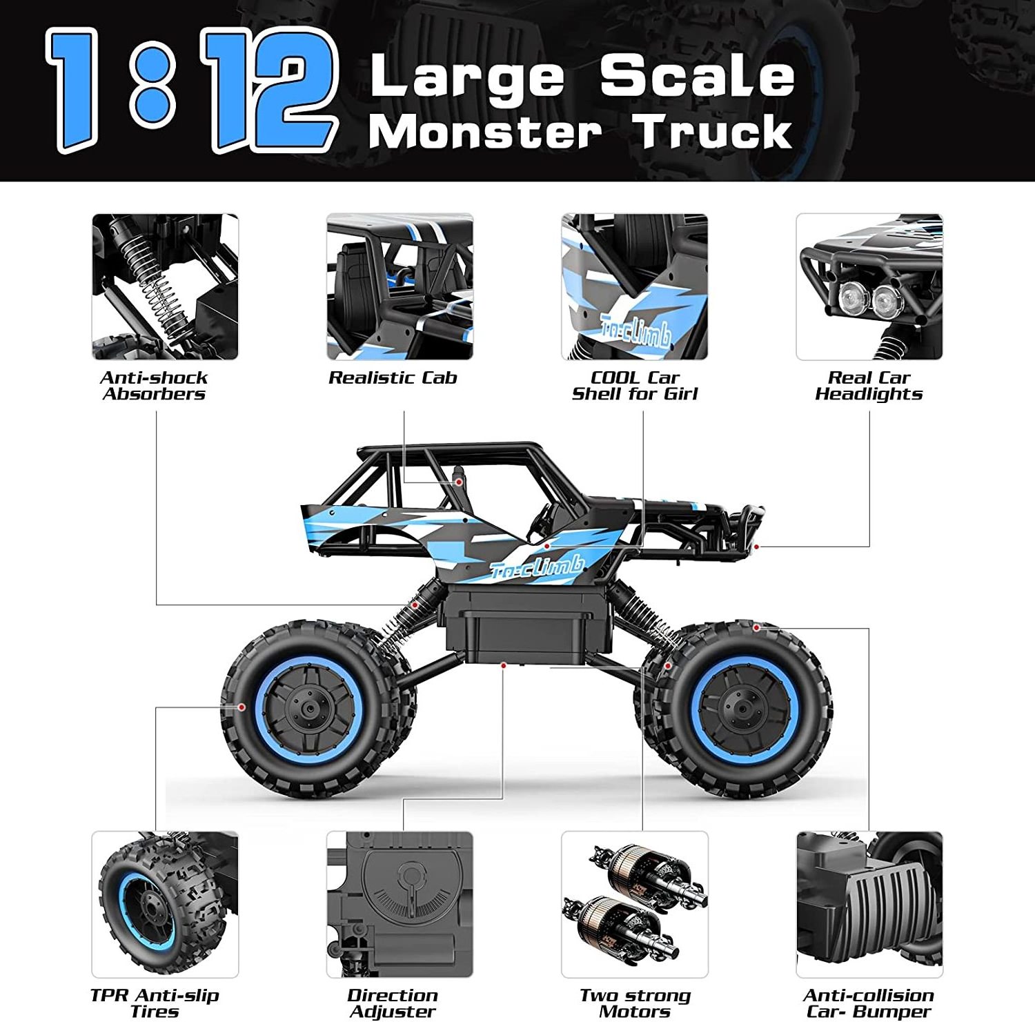 Monster Trucks 4WD Dual Motors 1/12 RC Cars for Boys Remote Control Car with Headlights Rechargeable Battery