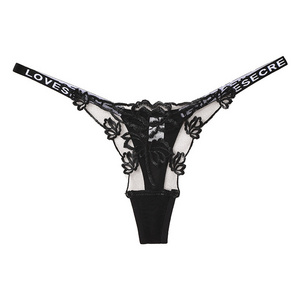 Sexy Hollow Lace Letter Double Slim Strap Traceless Transparent Thong Women's Underwear Low Waist Hot Girl G-strings