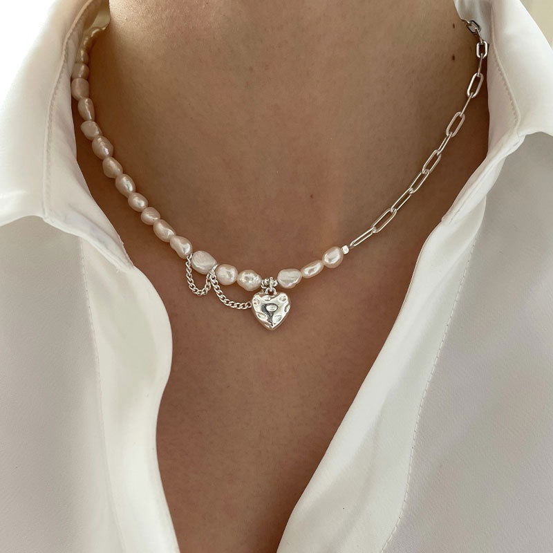 925 silver sweet pearl love necklace women's high-end fashion heavy industry chain tassel asymmetric clavicle chain