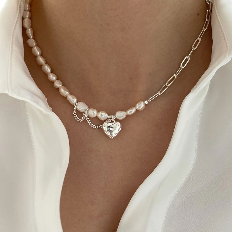 925 silver sweet pearl love necklace women's high-end fashion heavy industry chain tassel asymmetric clavicle chain