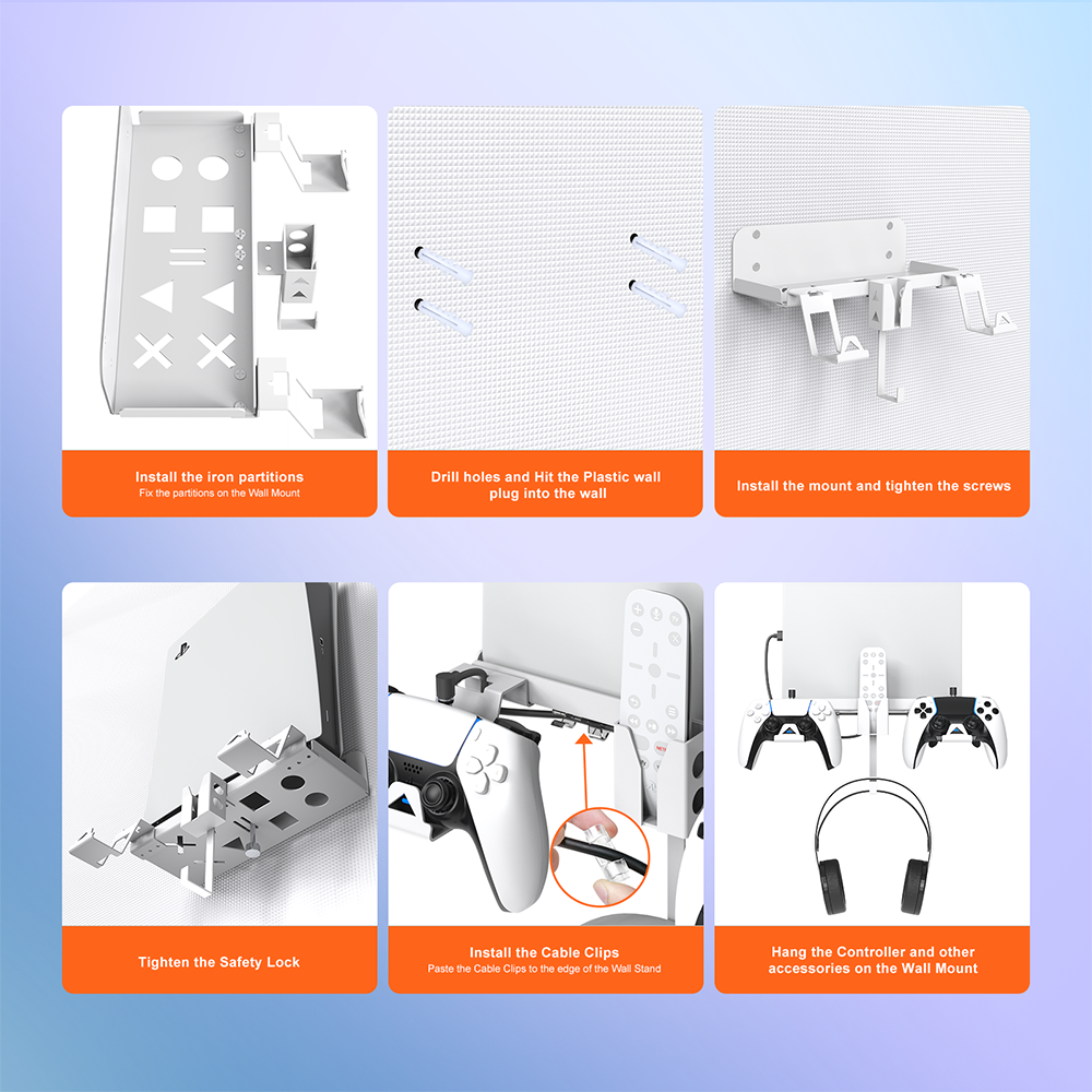 Multifunction Wall Stand Stable Metal Wall Hanging Stand Kit with 2 Controller Holder and Headphone Mount Stand for PS5 Console