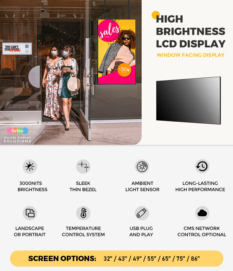 High Brightness LCD Display Monitor Window Advertising Screen 3000 nit Digital Signage Sunlight Readable Window Facing Display