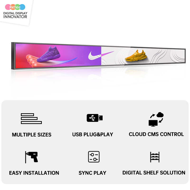 Refee 23 24 28 35 37 43 47 48 inch shelf long stretched bar LCD display for supermarket shelf edge