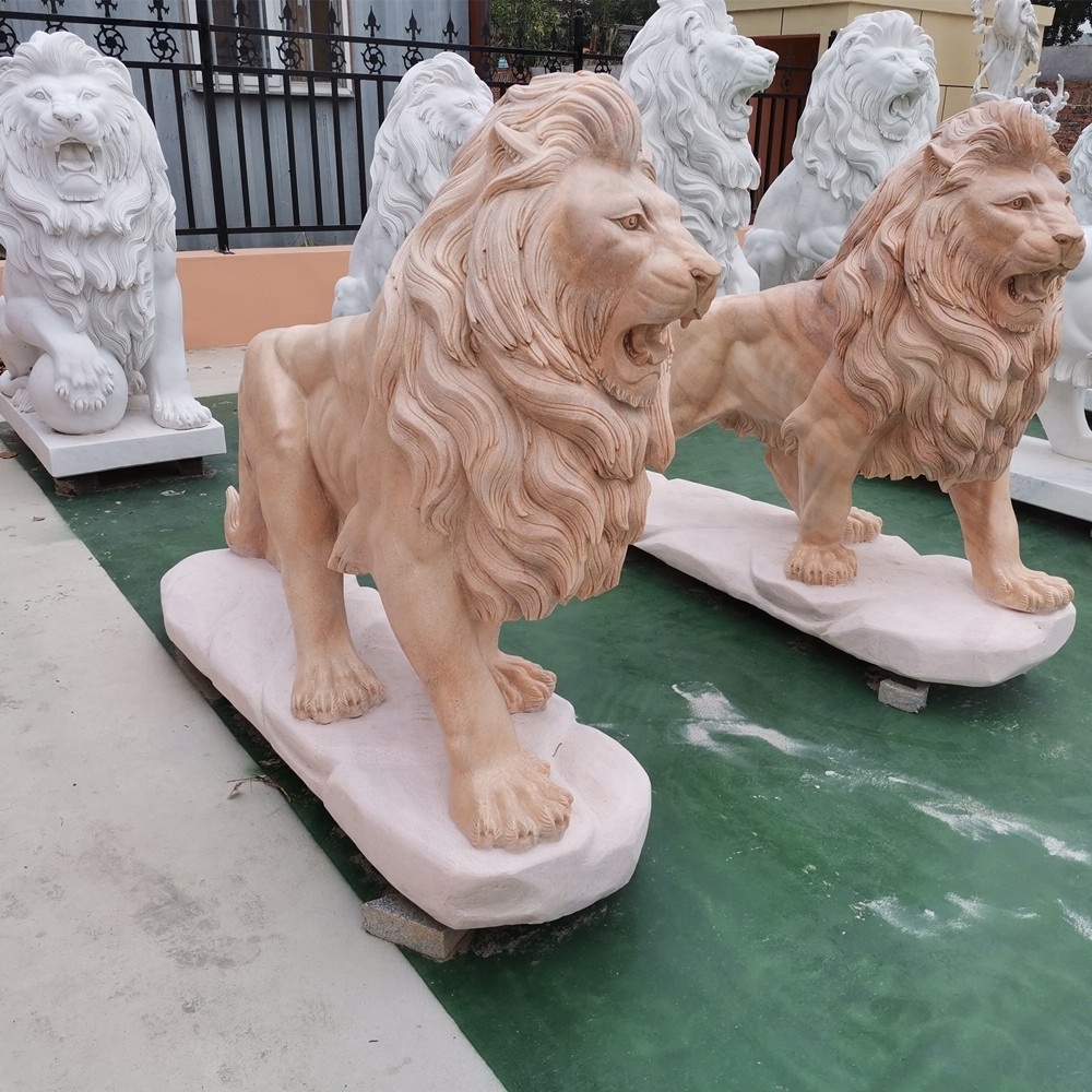 Outdoor garden decorative pink marble carving natural stone marble Lion Statues