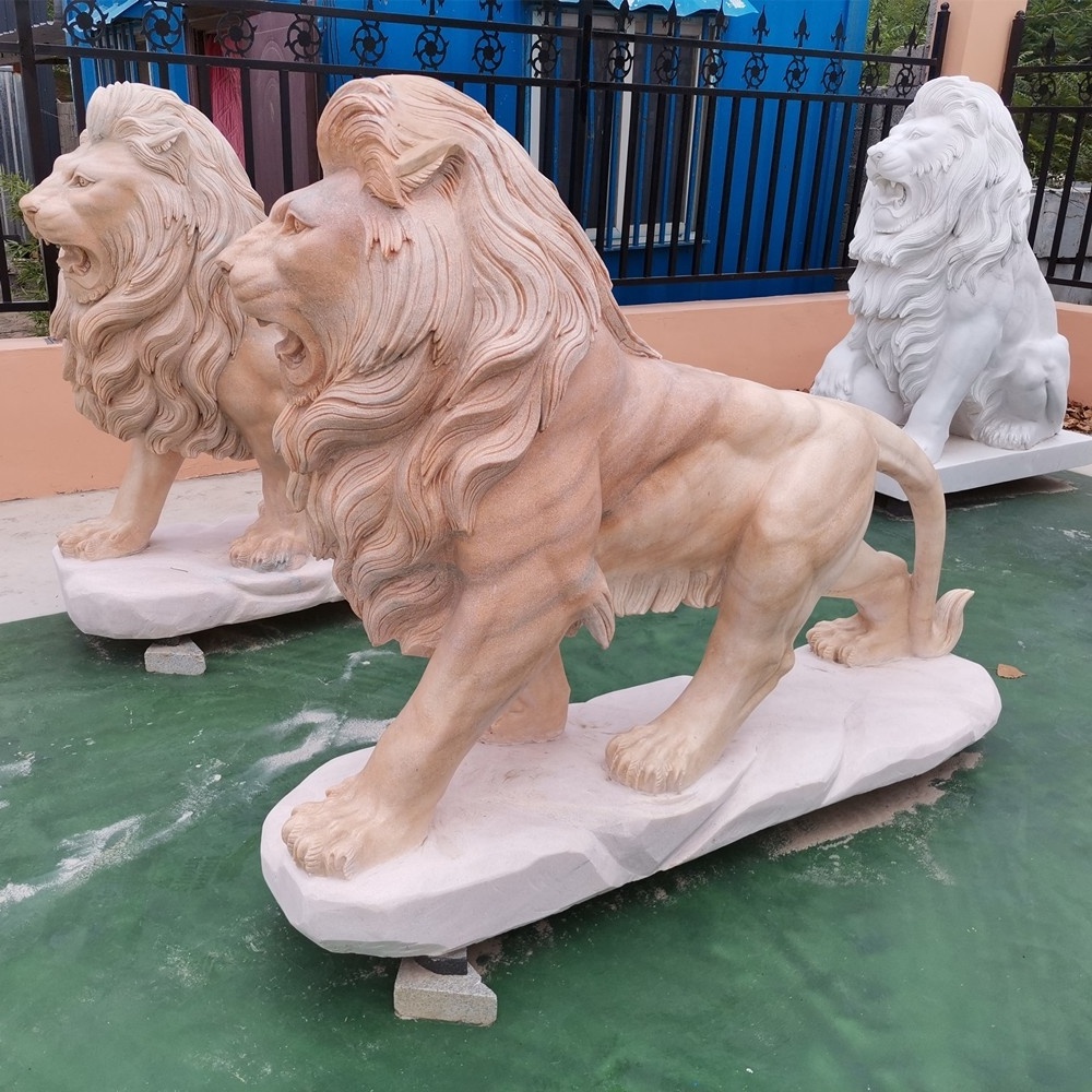 Outdoor garden decorative pink marble carving natural stone marble Lion Statues