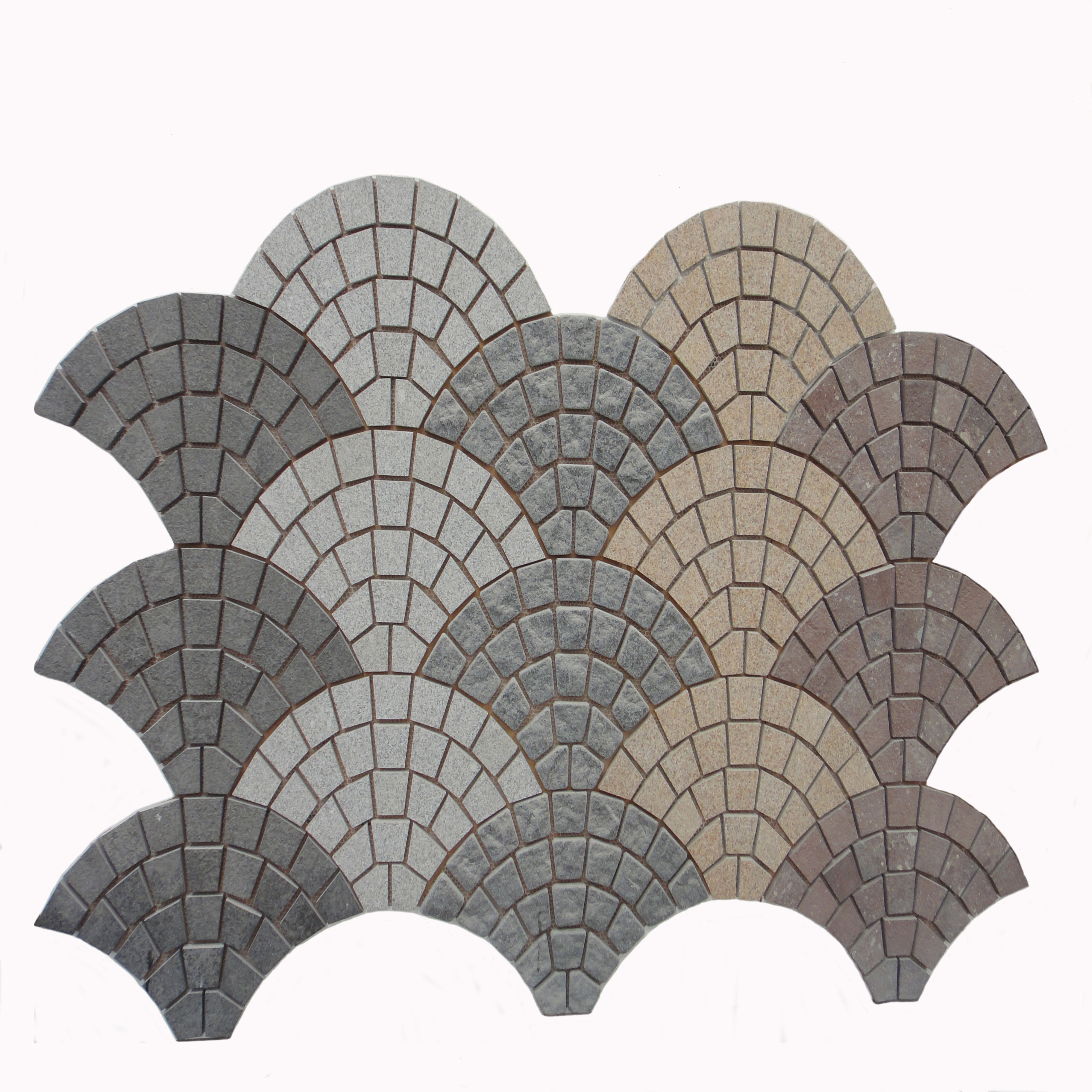 Grey Fan Pattern Granite Cobbles Stone Driveway Paver On Mesh, landscaping paving stone