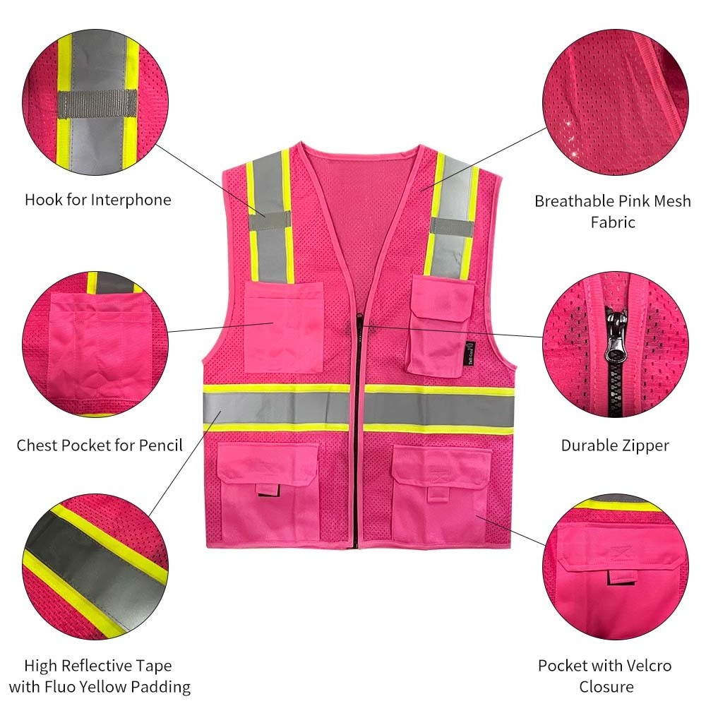 HCSP Factory Workwear Ansi Mesh High Vis Women Reflective Pink Safety Vest With Pocket