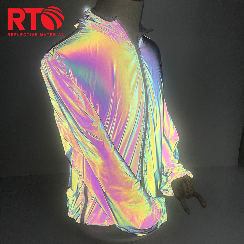 Glow in the dark 100% Nylon Rainbow Vivid Color Softness Reflective Fabric For Jacket