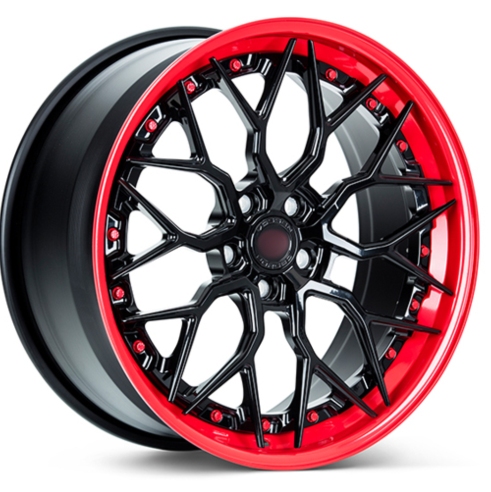 custom two-piece forged wheels 16'' to 22'' 5x112 5x120 5x143 alloy car rims 6061-t6 Bright black brushed transparent red