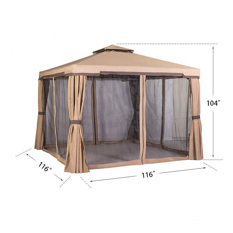 Aluminum Frame Double Layer Square Gazebo Pop-up Tent with Sidewall Black Nets Curtains Mosquito Netting