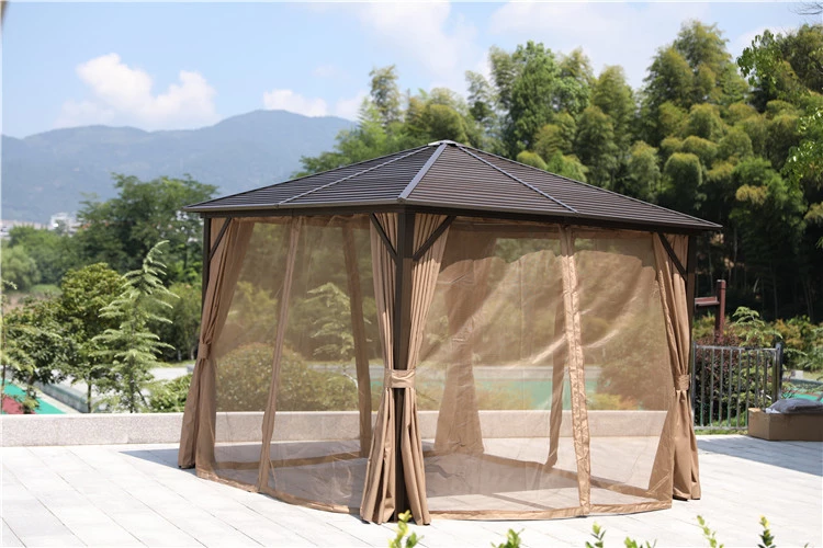 3*3 M Garden Pavilion Heavy Duty Hard Top Single  Wood Metal Roof Windproof Gazebo with Curtains and Netting