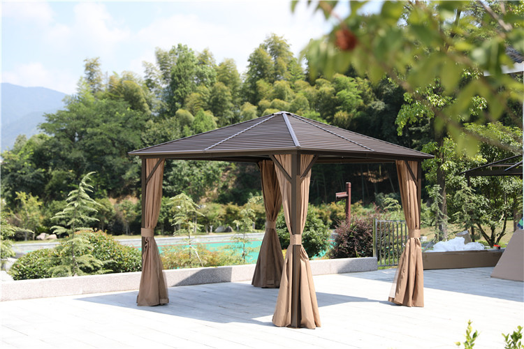 3*3 M Garden Pavilion Heavy Duty Hard Top Single  Wood Metal Roof Windproof Gazebo with Curtains and Netting