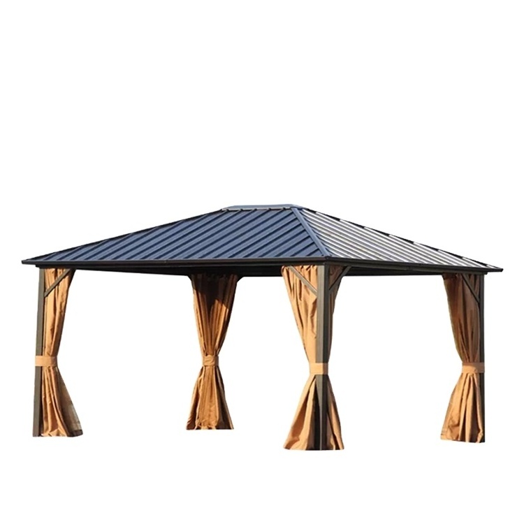 3*3 M Garden Pavilion Heavy Duty Hard Top Single  Wood Metal Roof Windproof Gazebo with Curtains and Netting