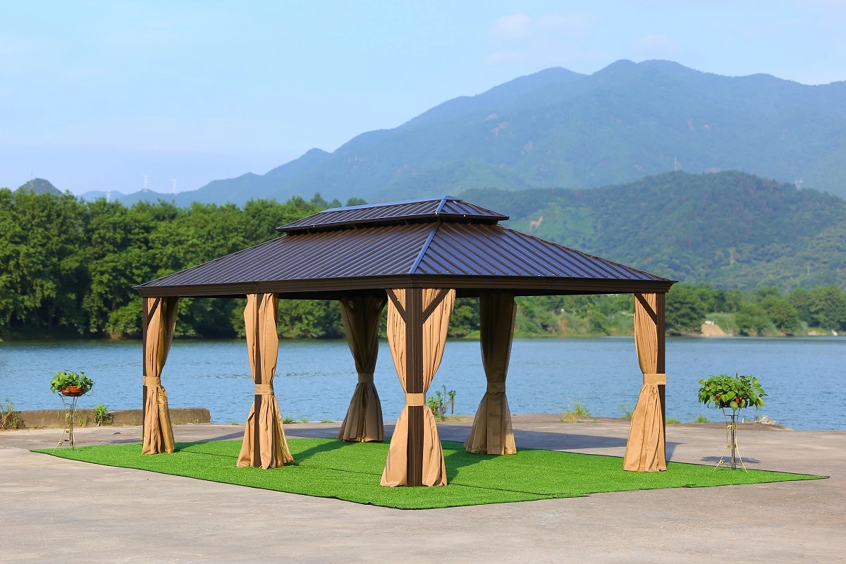 3.65*6 M Pavilion Luxury Double Metal  Roof Hard Top Heavy Duty Pop UP Waterproof Roman Big Gazebo with Curtains