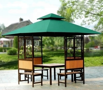 3*3 M Fashion  Design Outdoor Pavilion Waterproof Canopy Steel Frame and Polyester Fabric Wooden Gazebo with Chairs and Table