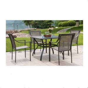 outdoor steel dining table and chair set with umbrella hole stacking high chair