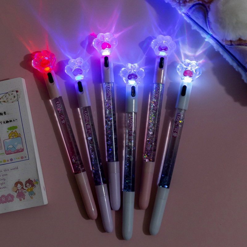 Promotional New Design lovely stationery cat paw Pens with LED light Colorful Sequins Quicksand cute Gel Pen