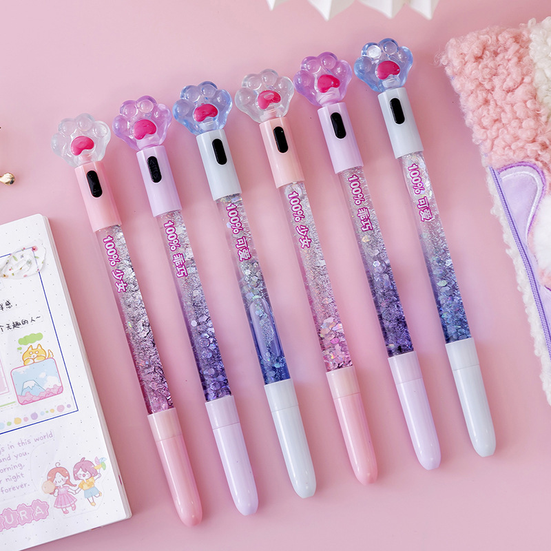 Promotional New Design lovely stationery cat paw Pens with LED light Colorful Sequins Quicksand cute Gel Pen