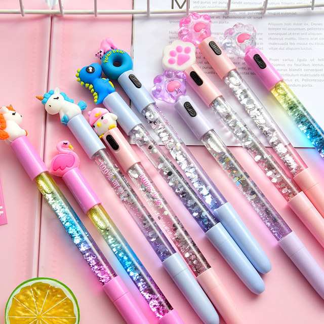 Promotional New Design lovely stationery cat paw Pens with LED light Colorful Sequins Quicksand cute Gel Pen