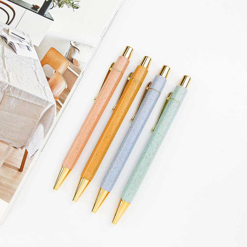 Customized logo 100% Eco Friendly plastic wheat straw click pen biodegradable colorful ball pen gift set rose gold clip pen